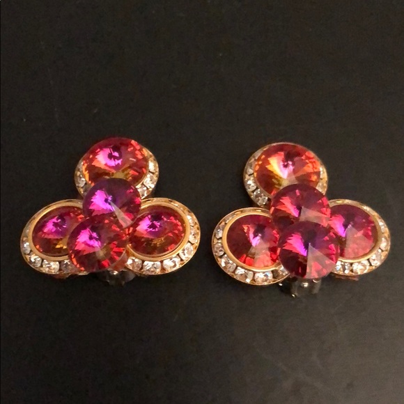 HOT PINK IRIDESCENT RHINESTONE GEM GOLD EARRINGS - Picture 6 of 15